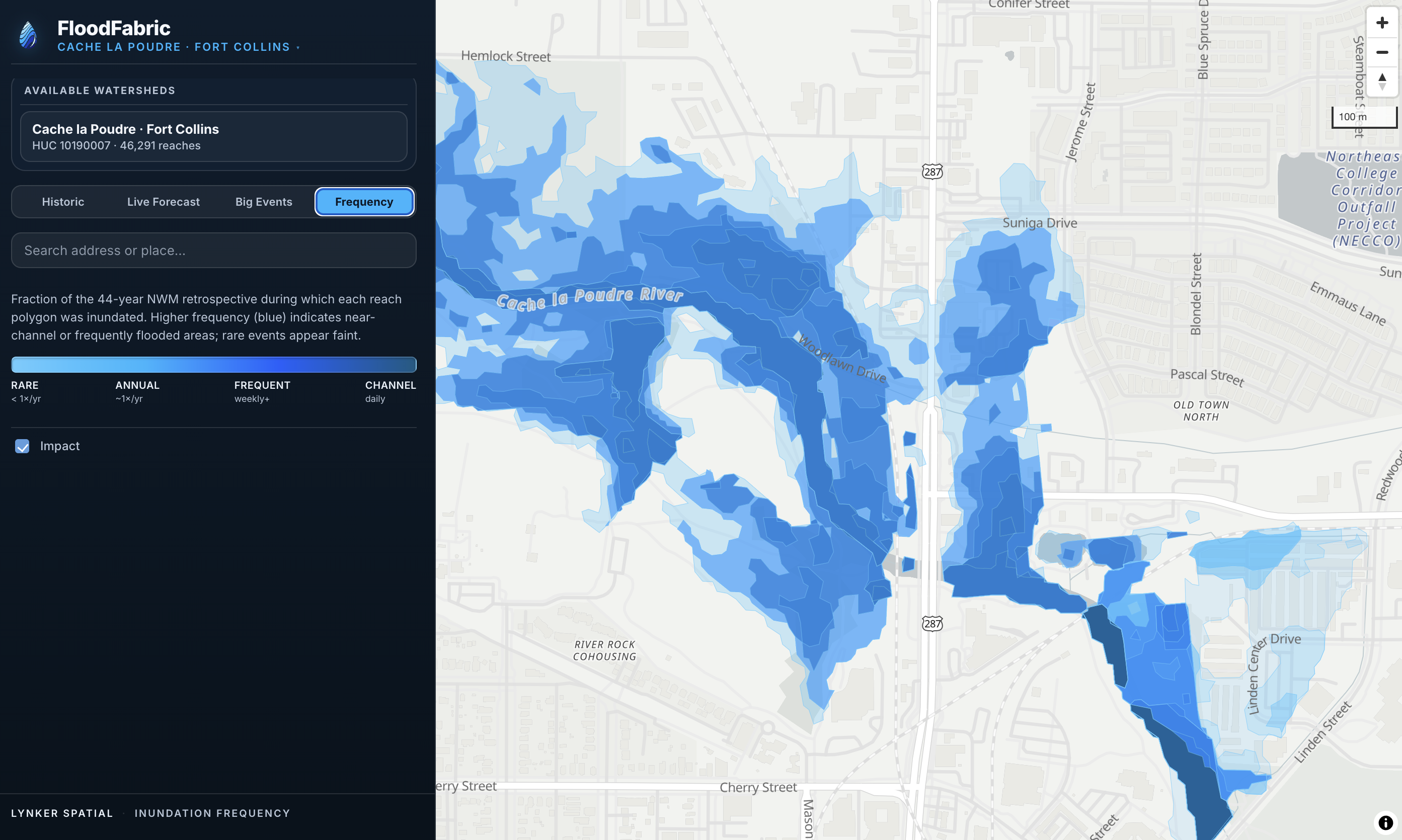FloodFabric recurrence frequency overlay close-up, Cache la Poudre mainstem